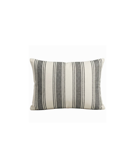 Striped pillow with gray and white horizontal stripes on a white background