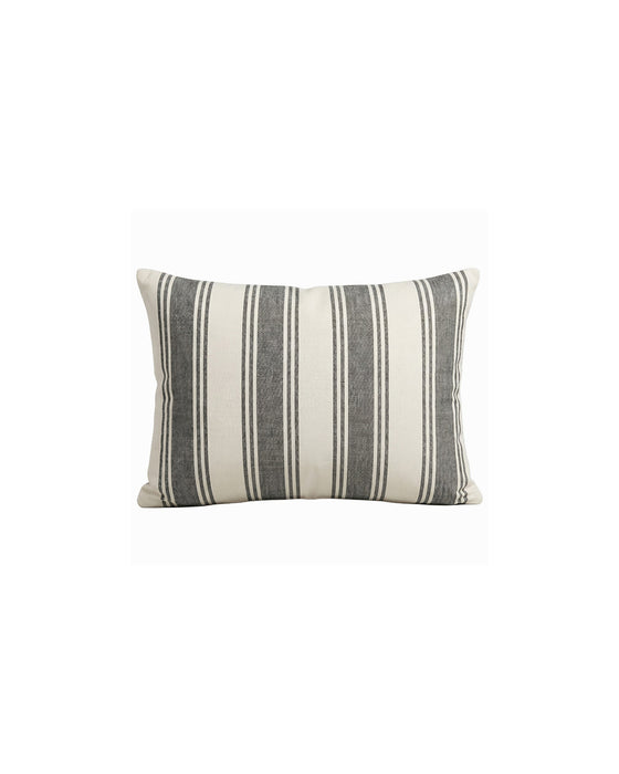 Striped pillow with gray and white horizontal stripes on a white background