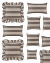 Set of charcoal and beige striped pillows with ruffled edges on a white background