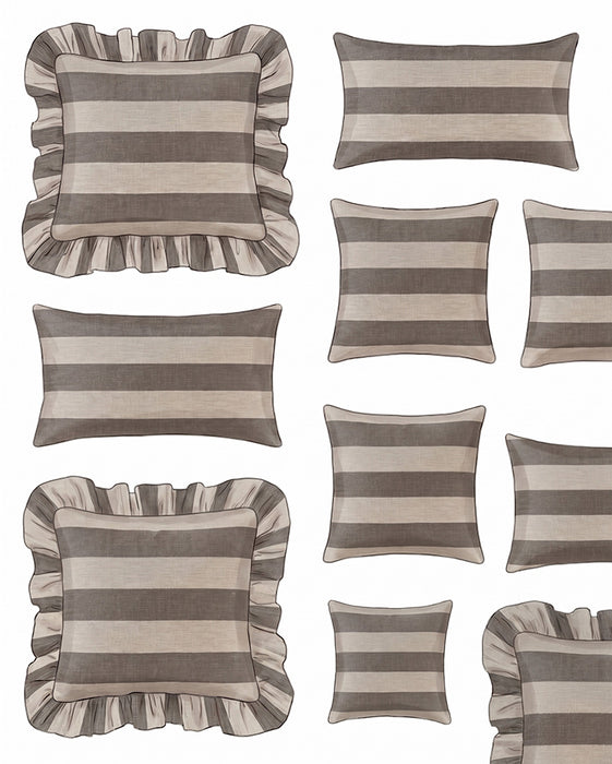 Set of charcoal and beige striped pillows with ruffled edges on a white background