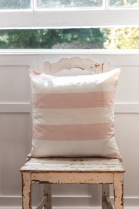 Cushion in Three Inch Stripe Rose on White Linen