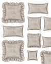 Set of decorative pillows with ruffled edges on a white background