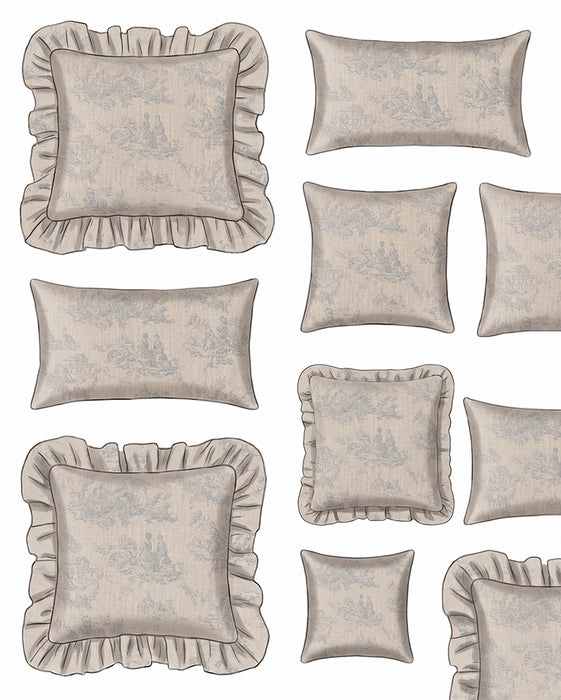 Set of decorative pillows with ruffled edges on a white background