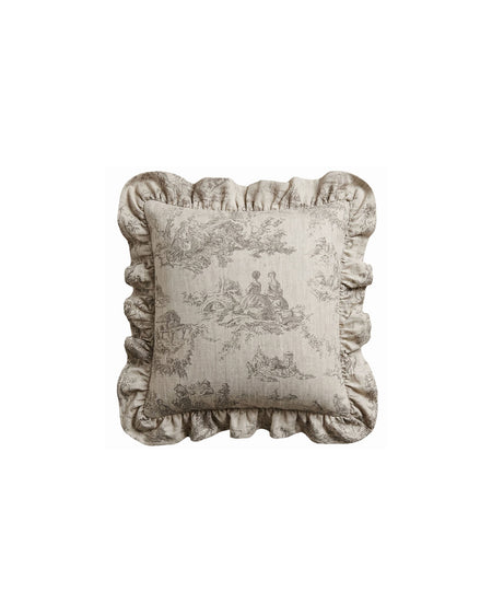 Decorative pillow with ruffled edge and intricate pattern on a white background