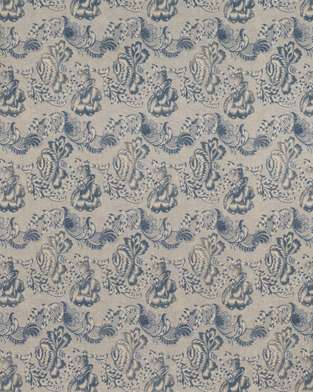 Patterned fabric with blue floral design on beige background