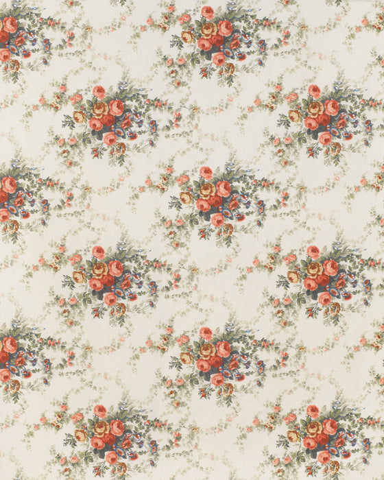 Floral patterned fabric with a repeating design of flowers and leaves on a light background.