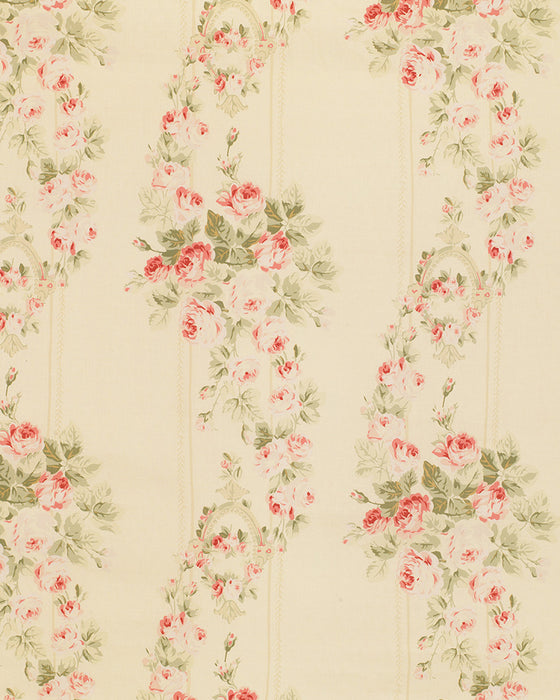 Floral pattern with pink roses and green leaves on a beige background