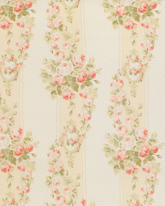 Vintage-style wallpaper with pink roses and green leaves on a beige background