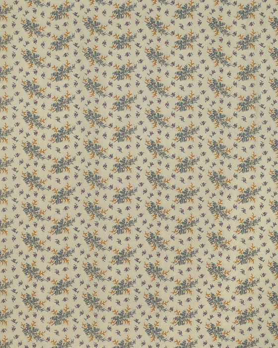 Floral patterned fabric with small blue and yellow flowers on a beige background