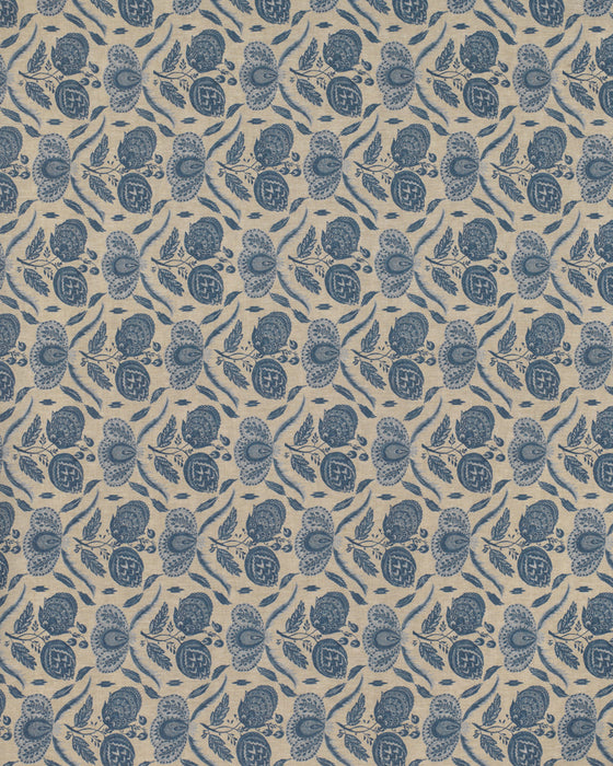 Patterned fabric with blue floral design on beige background