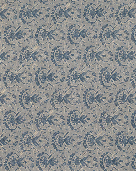 Patterned fabric with blue floral design on a beige background