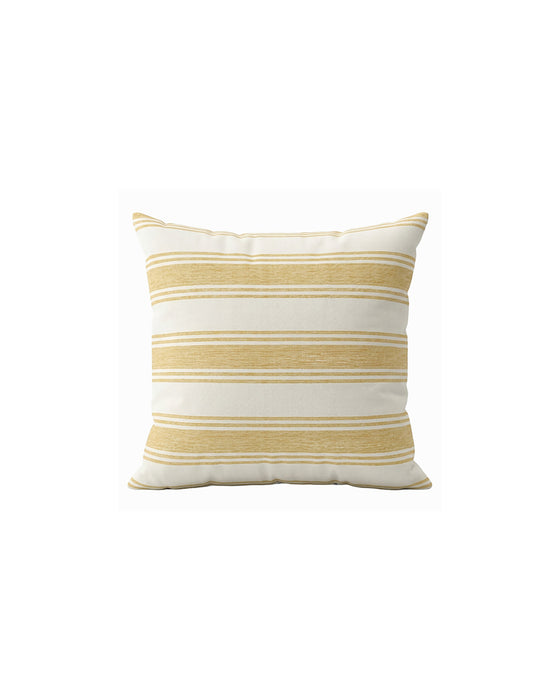 Striped pillow with yellow and white stripes on a white background